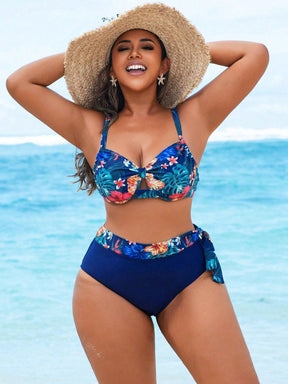 Swim Lushoire Conjunto com 2 Peças Estampa de Planta Tropical Aleatória para Mulheres Plus Size, Top Assimétrica com Babado e Maiô Bikini Triângulo de Cintura Alta, Traje de Banho Simples para Férias e Uso Diário