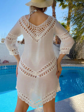SHEIN Swim Roupas de Praia Femininas de Verão, Vestido de Praia Boho Cor Sólida Tecido Oco de Crochê Estilo Bikini Cover Up