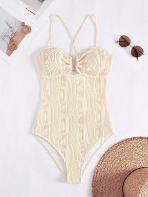 SHEIN Swim Maiô Elegante Feminino com Textura Ondulada Sólida, Decote U, Decoração de Metal, Alças Cruzadas nas Costas, Ideal para Praia e Férias de Verão