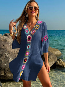 Swim Vcay Roupas de Verão para Mulheres, Vestido Túnica Solto com Decote em V, Manga 3/4, Flor de Crochê em Cor Aleatória, Fenda Lateral, Ideal para Praia e Férias de Verão