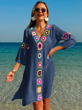 Swim Vcay Roupas de Verão para Mulheres, Vestido Túnica Solto com Decote em V, Manga 3/4, Flor de Crochê em Cor Aleatória, Fenda Lateral, Ideal para Praia e Férias de Verão