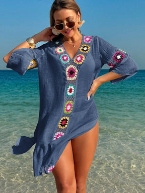 Swim Vcay Roupas de Verão para Mulheres, Vestido Túnica Solto com Decote em V, Manga 3/4, Flor de Crochê em Cor Aleatória, Fenda Lateral, Ideal para Praia e Férias de Verão