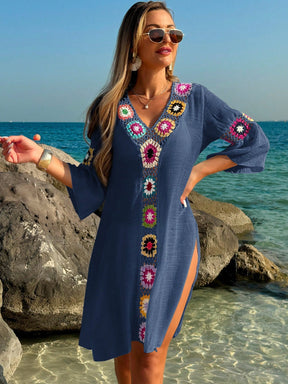 Swim Vcay Roupas de Verão para Mulheres, Vestido Túnica Solto com Decote em V, Manga 3/4, Flor de Crochê em Cor Aleatória, Fenda Lateral, Ideal para Praia e Férias de Verão