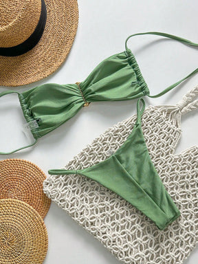 SHEIN Swim Conjunto de Maiô Bikini Feminino Strapless de Verão Solid Color com Amarração e Decoração Metálica, Sexy