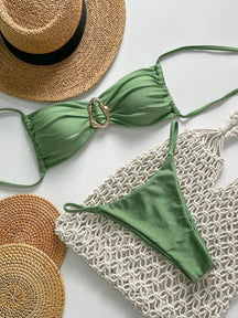 SHEIN Swim Conjunto de Maiô Bikini Feminino Strapless de Verão Solid Color com Amarração e Decoração Metálica, Sexy