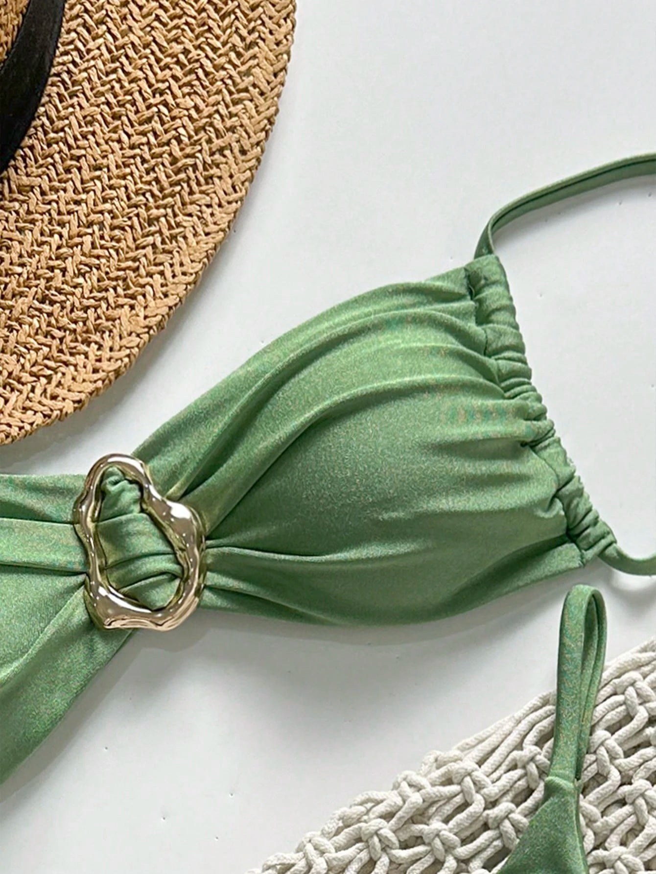 SHEIN Swim Conjunto de Maiô Bikini Feminino Strapless de Verão Solid Color com Amarração e Decoração Metálica, Sexy