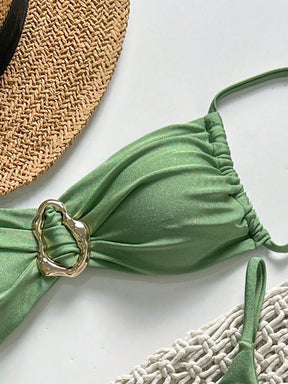 SHEIN Swim Conjunto de Maiô Bikini Feminino Strapless de Verão Solid Color com Amarração e Decoração Metálica, Sexy