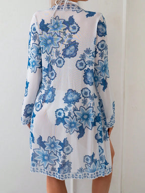 SHEIN Swim Kimono Feminino Estampa Floral Azul, Cobertura de Praia/Férias