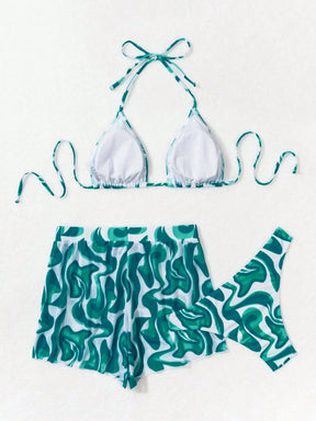 Swim Vcay 3 peças/Conjunto Maiô Bikini Impresso Aleatório para Praia/Férias