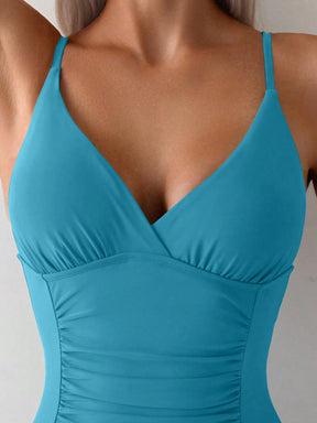 SHEIN Swim Maiô de uma peça para mulher com cor sólida e franzido, com alça de ombro ajustável, perfeito para praia e férias, verão na praia.