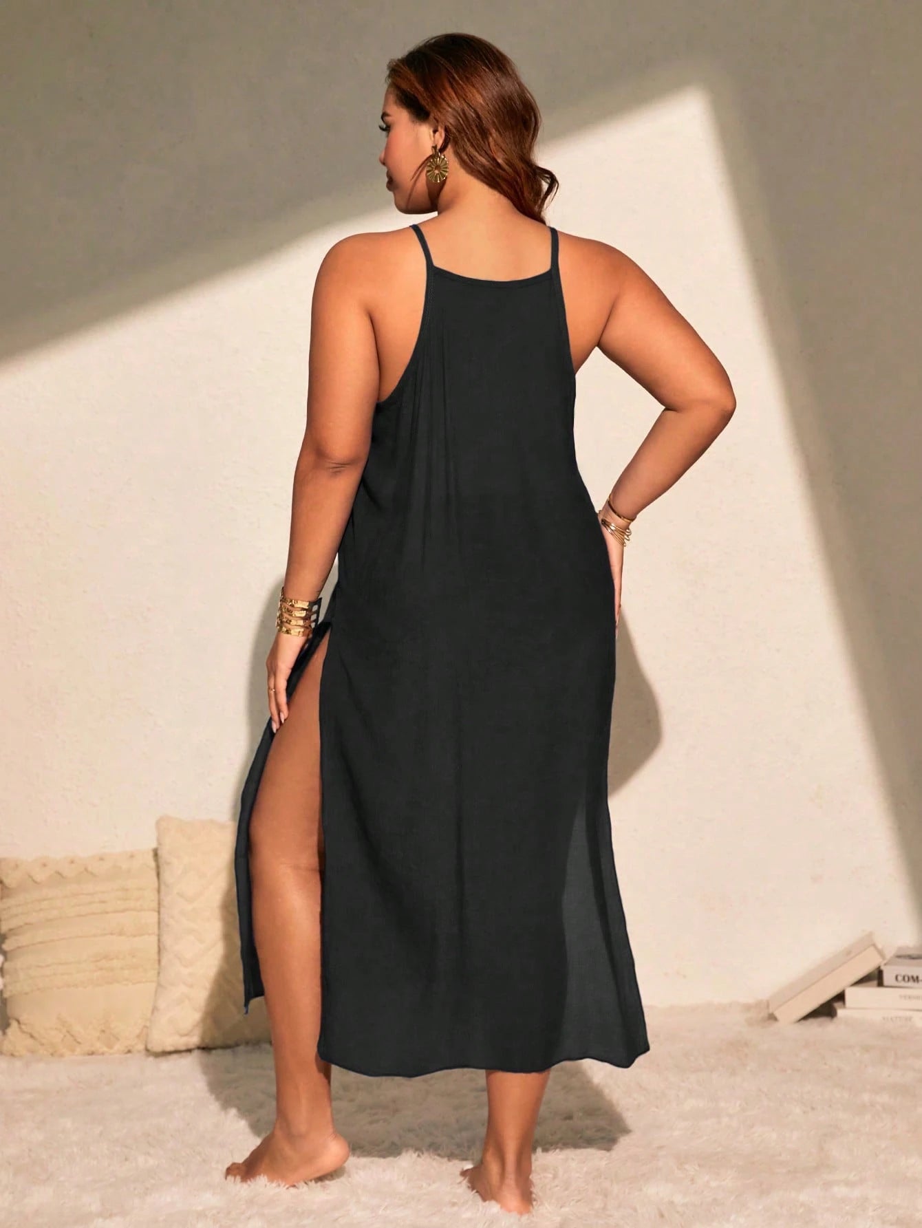 SHEIN VCAY Vestido Longo de Praia Plus Size Crochê Manual Vazado Sexy e Ajustado com Fenda Lateral, Leve