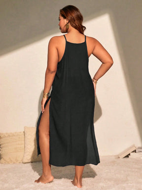 SHEIN VCAY Vestido Longo de Praia Plus Size Crochê Manual Vazado Sexy e Ajustado com Fenda Lateral, Leve