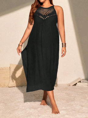 SHEIN VCAY Vestido Longo de Praia Plus Size Crochê Manual Vazado Sexy e Ajustado com Fenda Lateral, Leve