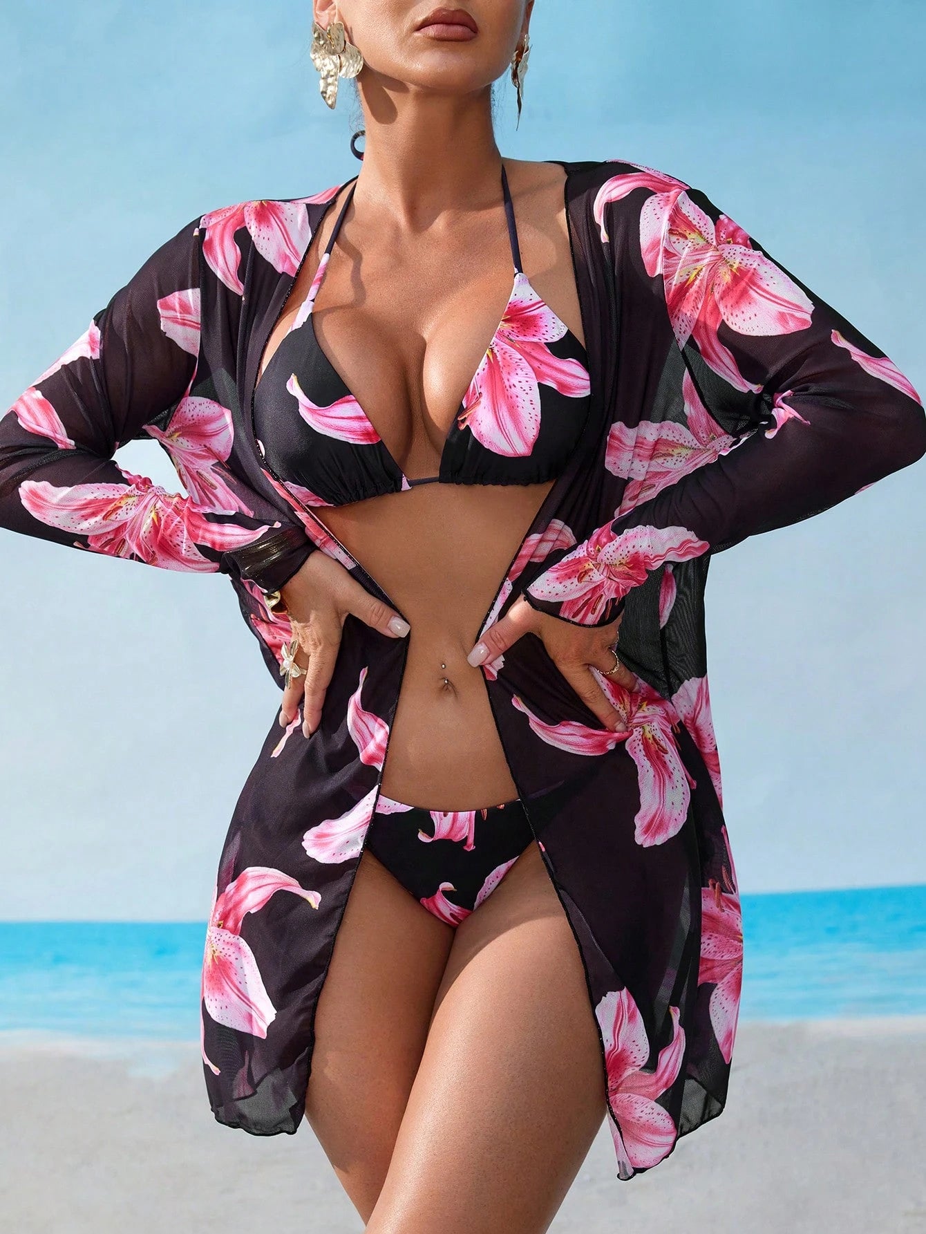 Swim Vcay Conjunto de biquíni malha impressão floral triângulo sutiã top & lado do laço bottom biquini & quimonos roupa de banho 3 peças