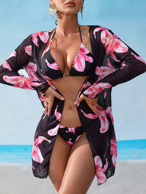 Swim Vcay Conjunto de biquíni malha impressão floral triângulo sutiã top & lado do laço bottom biquini & quimonos roupa de banho 3 peças