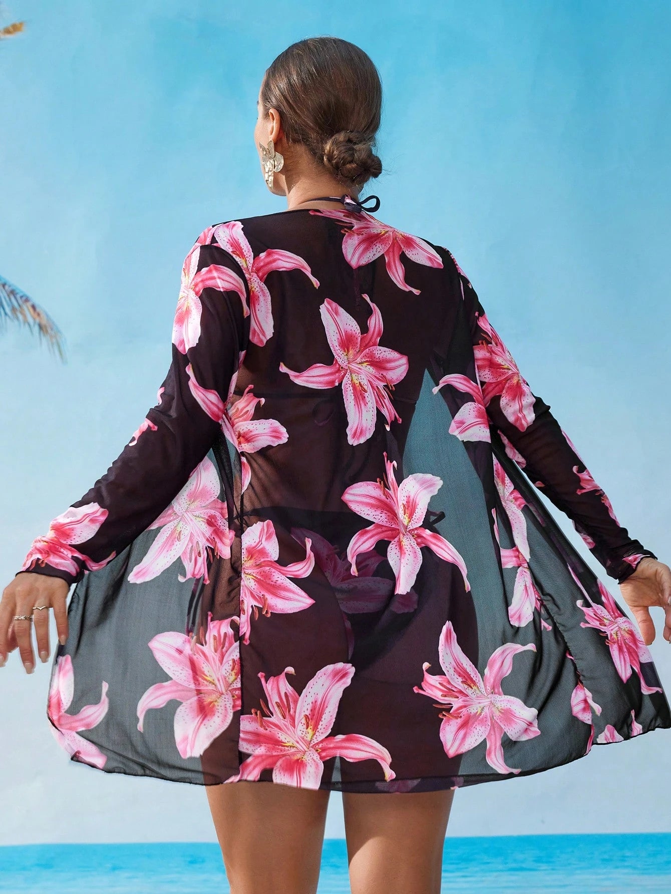 Swim Vcay Conjunto de biquíni malha impressão floral triângulo sutiã top & lado do laço bottom biquini & quimonos roupa de banho 3 peças