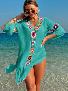 Swim Vcay Roupas de Verão para Mulheres, Vestido Túnica Solto com Decote em V, Manga 3/4, Flor de Crochê em Cor Aleatória, Fenda Lateral, Ideal para Praia e Férias de Verão