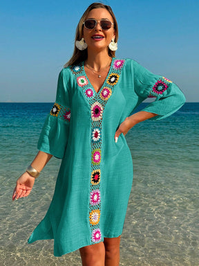 Swim Vcay Roupas de Verão para Mulheres, Vestido Túnica Solto com Decote em V, Manga 3/4, Flor de Crochê em Cor Aleatória, Fenda Lateral, Ideal para Praia e Férias de Verão