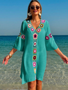 Swim Vcay Roupas de Verão para Mulheres, Vestido Túnica Solto com Decote em V, Manga 3/4, Flor de Crochê em Cor Aleatória, Fenda Lateral, Ideal para Praia e Férias de Verão