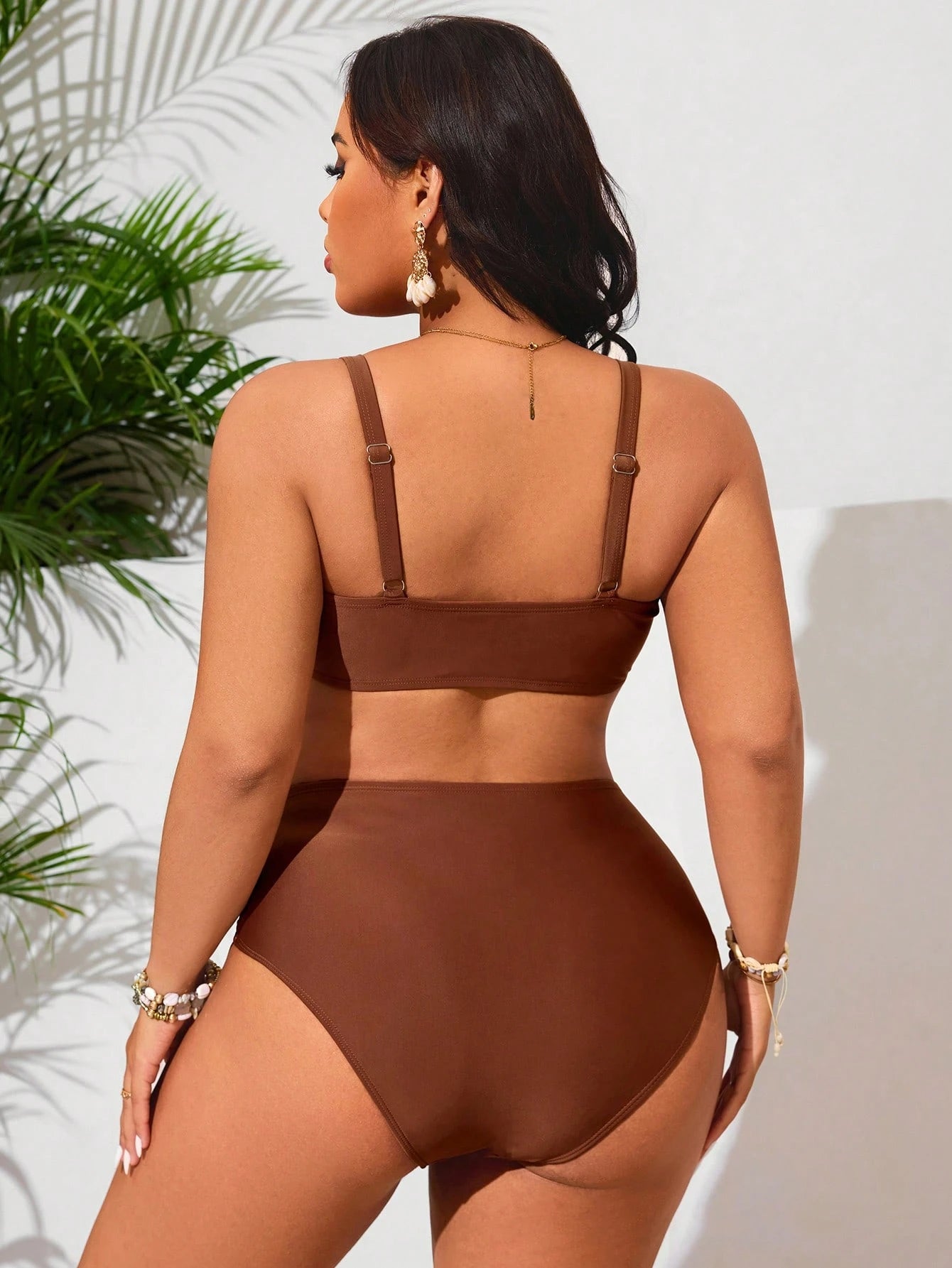 Swim Lushoire Conjunto de Maiô Bikini de 2 Peças com Decoração de Metal em Concha e Alças Duplas, para Mulheres Plus Size, Verão