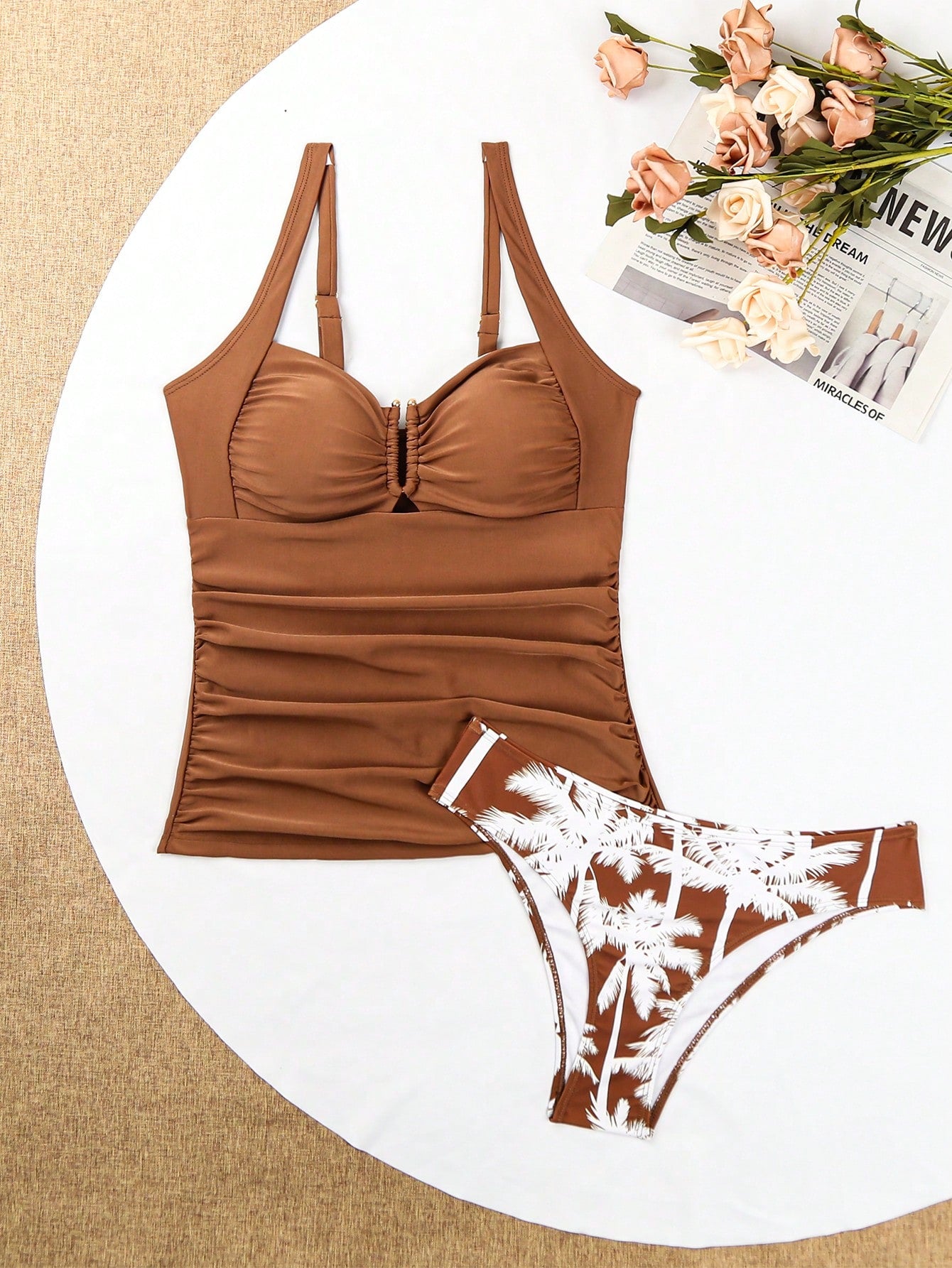 Swim Lushoire Conjuntos de Roupa de Praia Feminina, Colete, Camisole, Maiô Bikini, Elegante Estilo Retrô Férias 2 Peças, Decoração de Metal, Roupa de Praia de Verão
