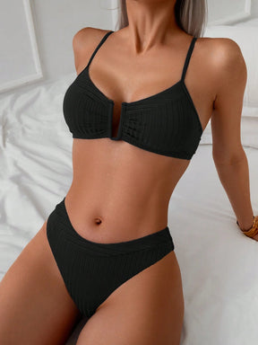 Swim Basics Conjunto de Maiô Bikini Texturizado Listrado Casual de Férias para Mulheres, para Praia e Férias de Verão