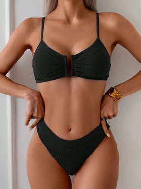 Swim Basics Conjunto de Maiô Bikini Texturizado Listrado Casual de Férias para Mulheres, para Praia e Férias de Verão