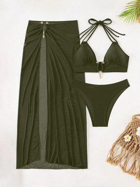 Swim SXY Conjunto de Maiô Bikini e Saída de Praia Feminino Verão Sólido Halter com Amarração, Sexy, com Saia de Cobertura, Traje de Férias