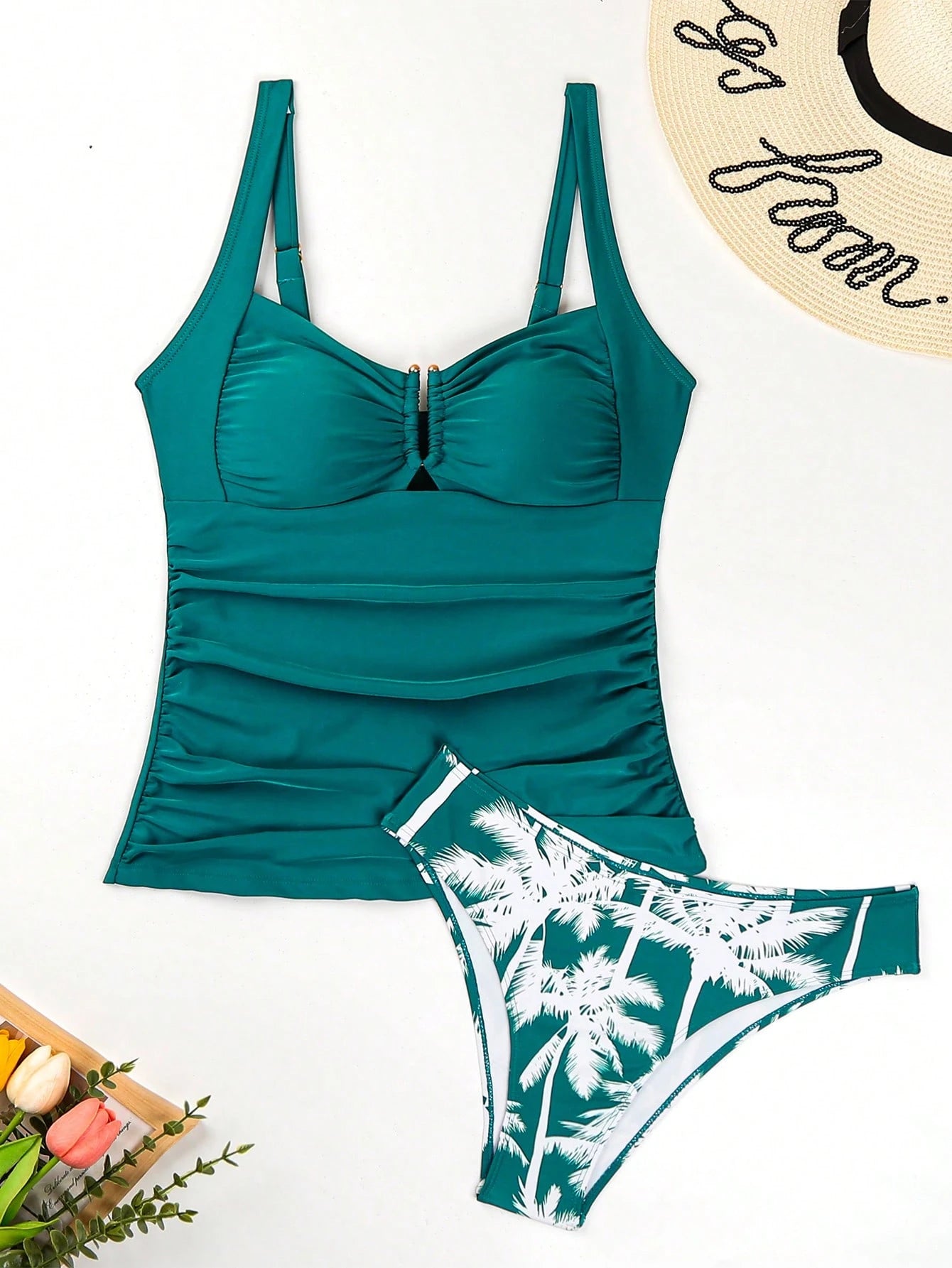 Swim Lushoire Conjuntos de Roupa de Praia Feminina, Colete, Camisole, Maiô Bikini, Elegante Estilo Retrô Férias 2 Peças, Decoração de Metal, Roupa de Praia de Verão