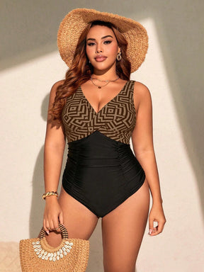 Swim Lushoire Maio Tipo One-Piece com Estampa Geométrica Contrastante, Plus Size, Para Férias na Praia de Verão