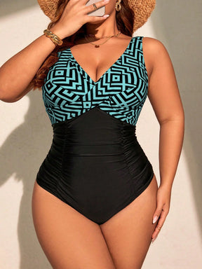 Swim Lushoire Maio Tipo One-Piece com Estampa Geométrica Contrastante, Plus Size, Para Férias na Praia de Verão