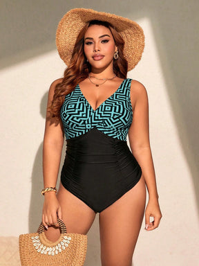 Swim Lushoire Maio Tipo One-Piece com Estampa Geométrica Contrastante, Plus Size, Para Férias na Praia de Verão