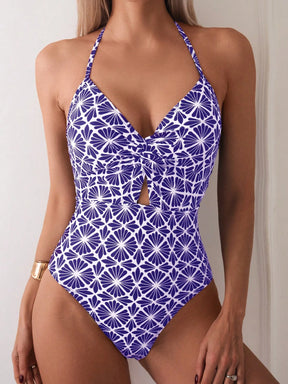 SHEIN Swim Maiô feminino estampado com nó torcido e decote com vazados, estilo Halter, para férias