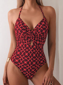 SHEIN Swim Maiô feminino estampado com nó torcido e decote com vazados, estilo Halter, para férias