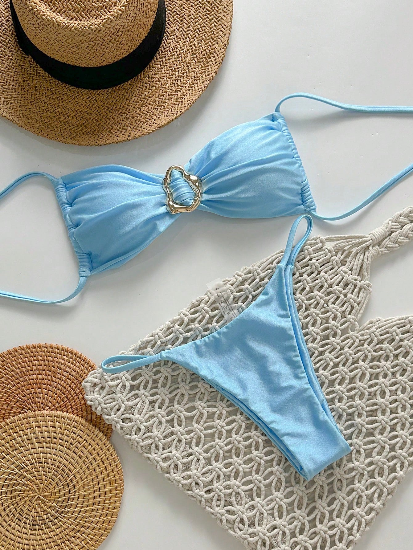 SHEIN Swim Conjunto de Maiô Bikini Feminino Strapless de Verão Solid Color com Amarração e Decoração Metálica, Sexy