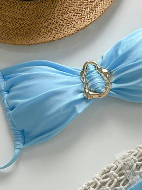 SHEIN Swim Conjunto de Maiô Bikini Feminino Strapless de Verão Solid Color com Amarração e Decoração Metálica, Sexy