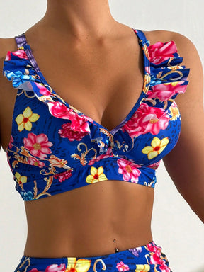 Swim Lushoire Conjunto de bikini com estampa tropical de verão e acabamento em babados