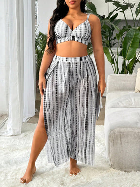 Swim Vcay Conjunto de Maiô Bikini com Três Peças Tie Dye Aleatório Tamanho Plus Size para Praia de Verão