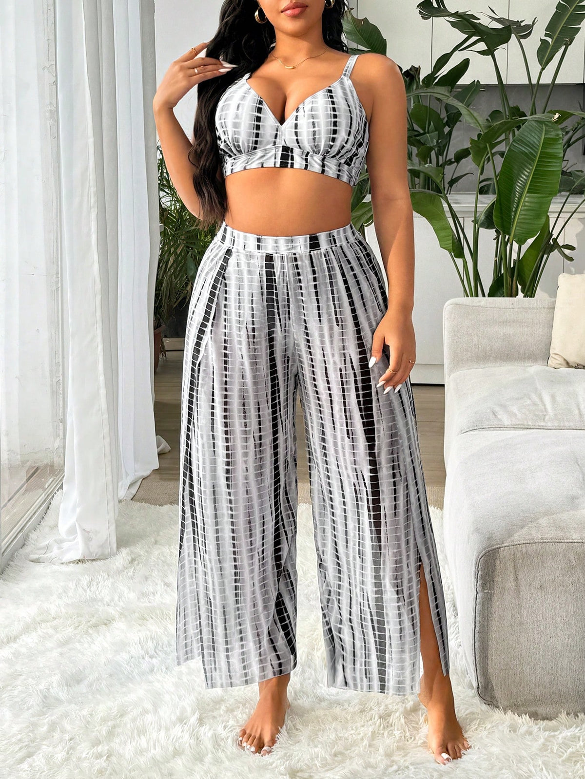 Swim Vcay Conjunto de Maiô Bikini com Três Peças Tie Dye Aleatório Tamanho Plus Size para Praia de Verão