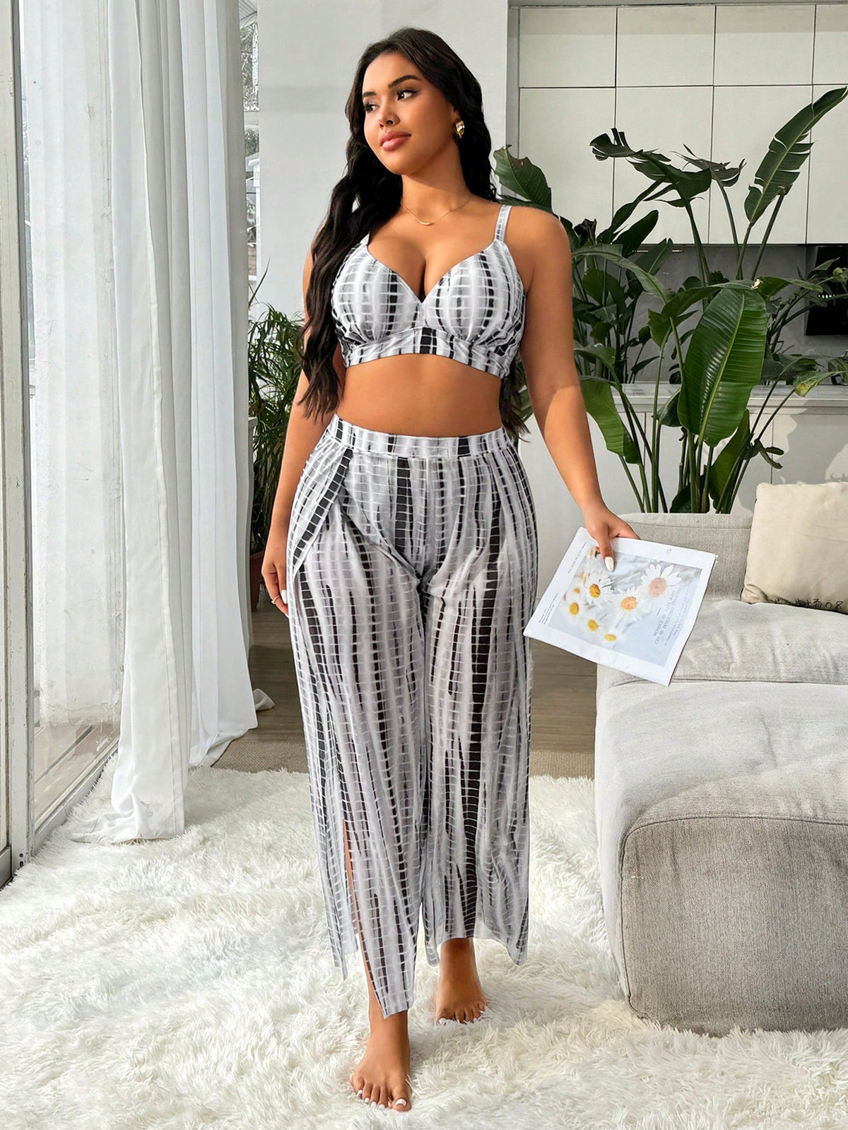 Swim Vcay Conjunto de Maiô Bikini com Três Peças Tie Dye Aleatório Tamanho Plus Size para Praia de Verão