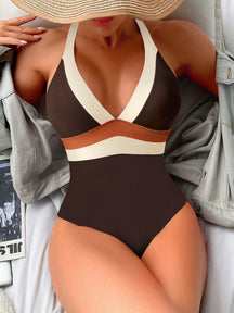 Maiô Sexy de Moda Feminino de Cor Contrastante, Alça Alta, Maiô de Peça Única