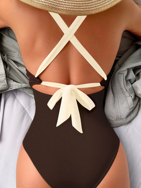 Maiô Sexy de Moda Feminino de Cor Contrastante, Alça Alta, Maiô de Peça Única