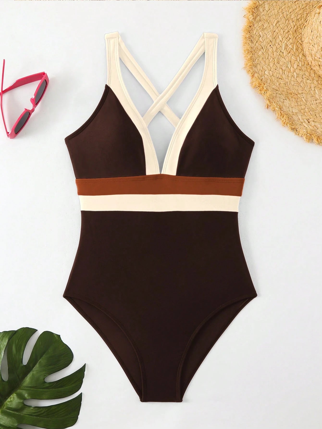 Maiô Sexy de Moda Feminino de Cor Contrastante, Alça Alta, Maiô de Peça Única