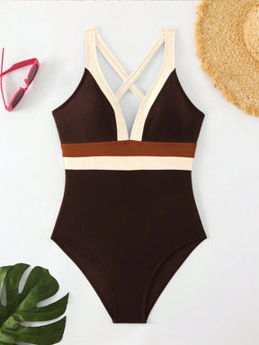 Maiô Sexy de Moda Feminino de Cor Contrastante, Alça Alta, Maiô de Peça Única