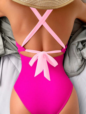 Maiô Sexy de Moda Feminino de Cor Contrastante, Alça Alta, Maiô de Peça Única