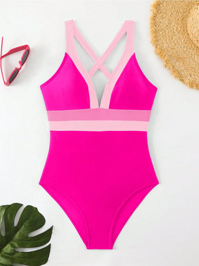 Maiô Sexy de Moda Feminino de Cor Contrastante, Alça Alta, Maiô de Peça Única