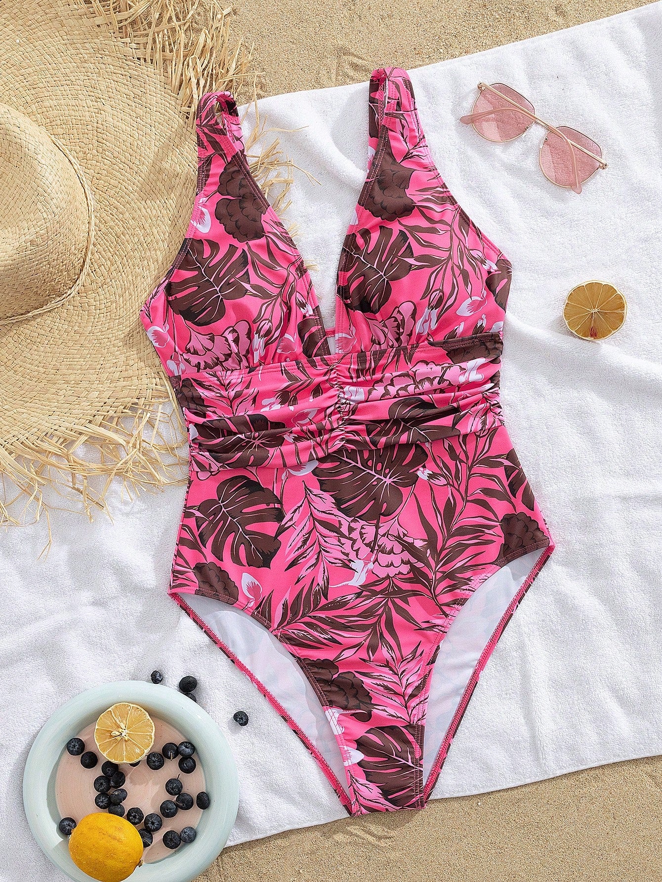 Swim SPRTY Maiô Slim Fit de uma peça com alças finas de espaguete, decote em V profundo e estampa tropical para praia de verão