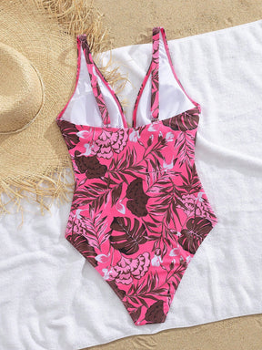 Swim SPRTY Maiô Slim Fit de uma peça com alças finas de espaguete, decote em V profundo e estampa tropical para praia de verão