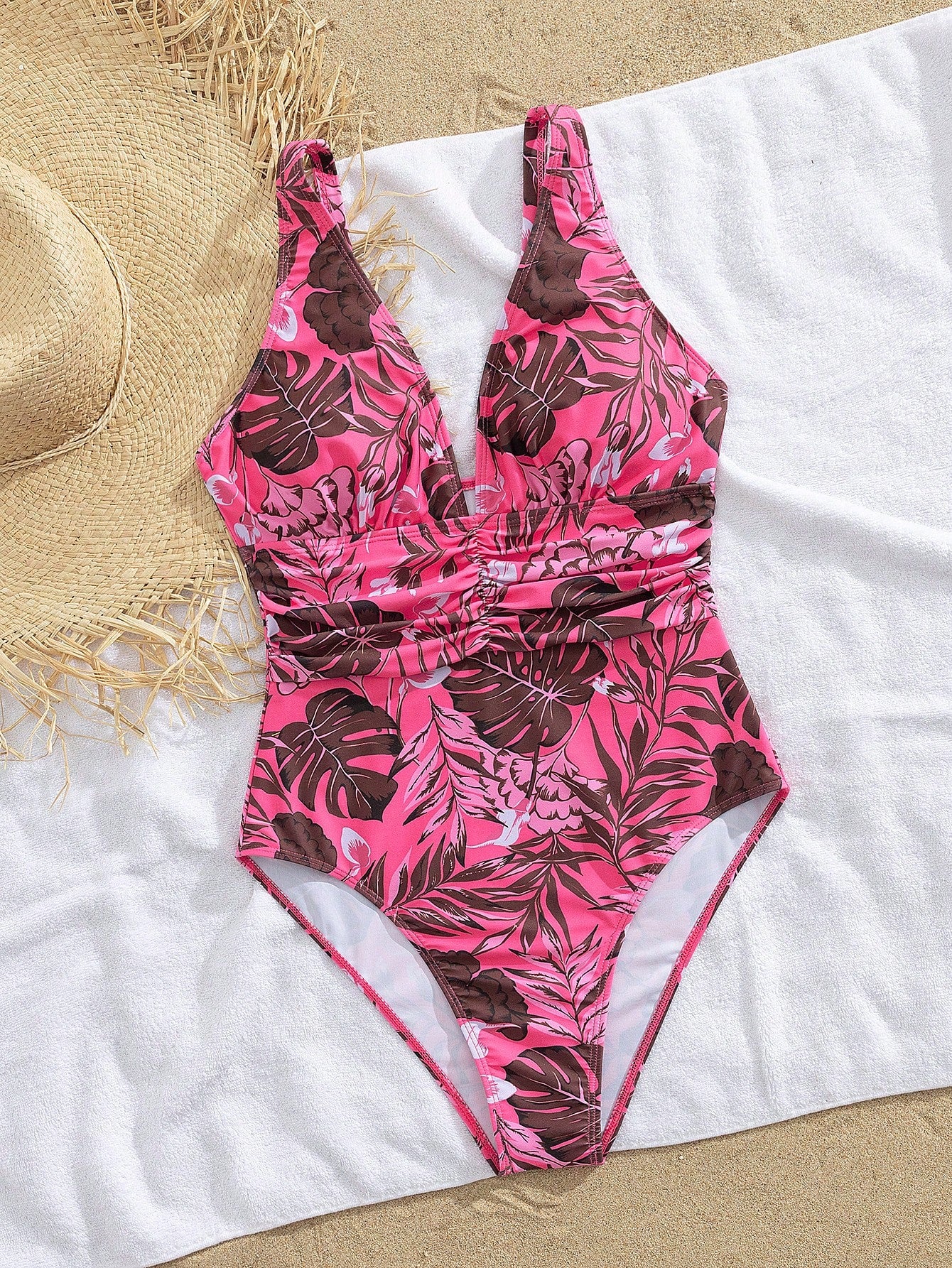 Swim SPRTY Maiô Slim Fit de uma peça com alças finas de espaguete, decote em V profundo e estampa tropical para praia de verão
