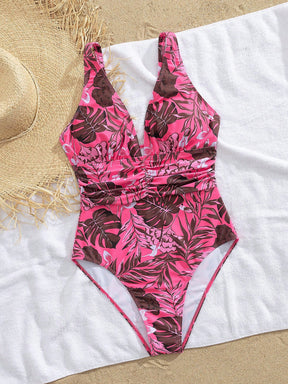 Swim SPRTY Maiô Slim Fit de uma peça com alças finas de espaguete, decote em V profundo e estampa tropical para praia de verão